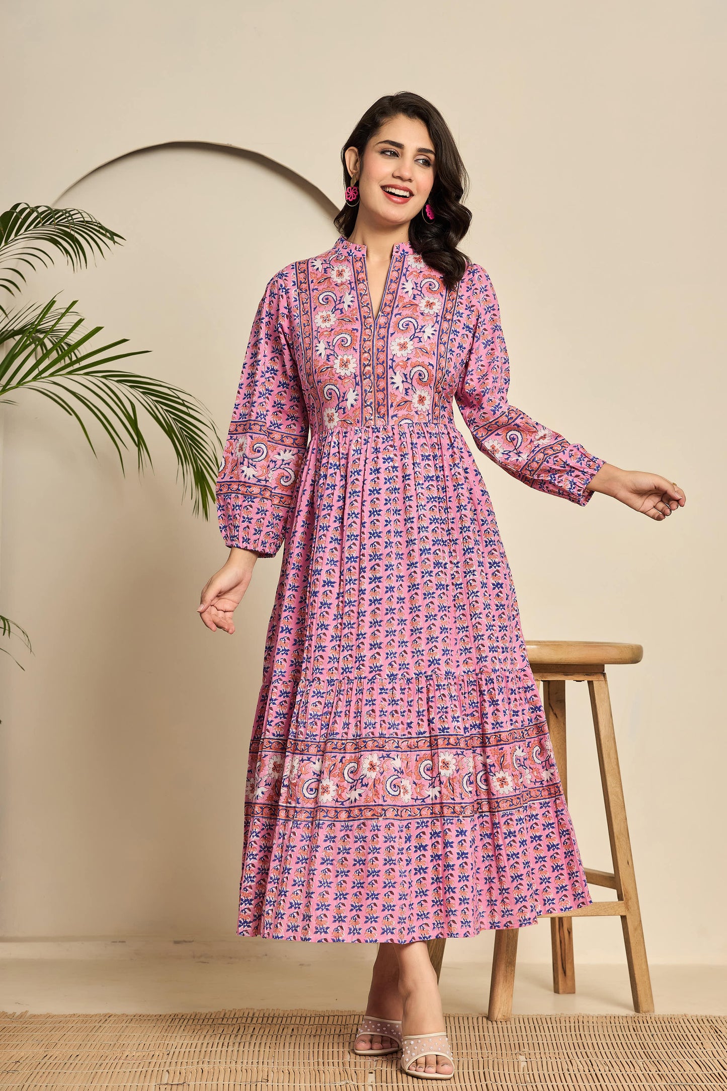 Pink Floral Hand Block Printed Cotton Maxi Dress β Collar Neck with Balloon Sleeves & Belt