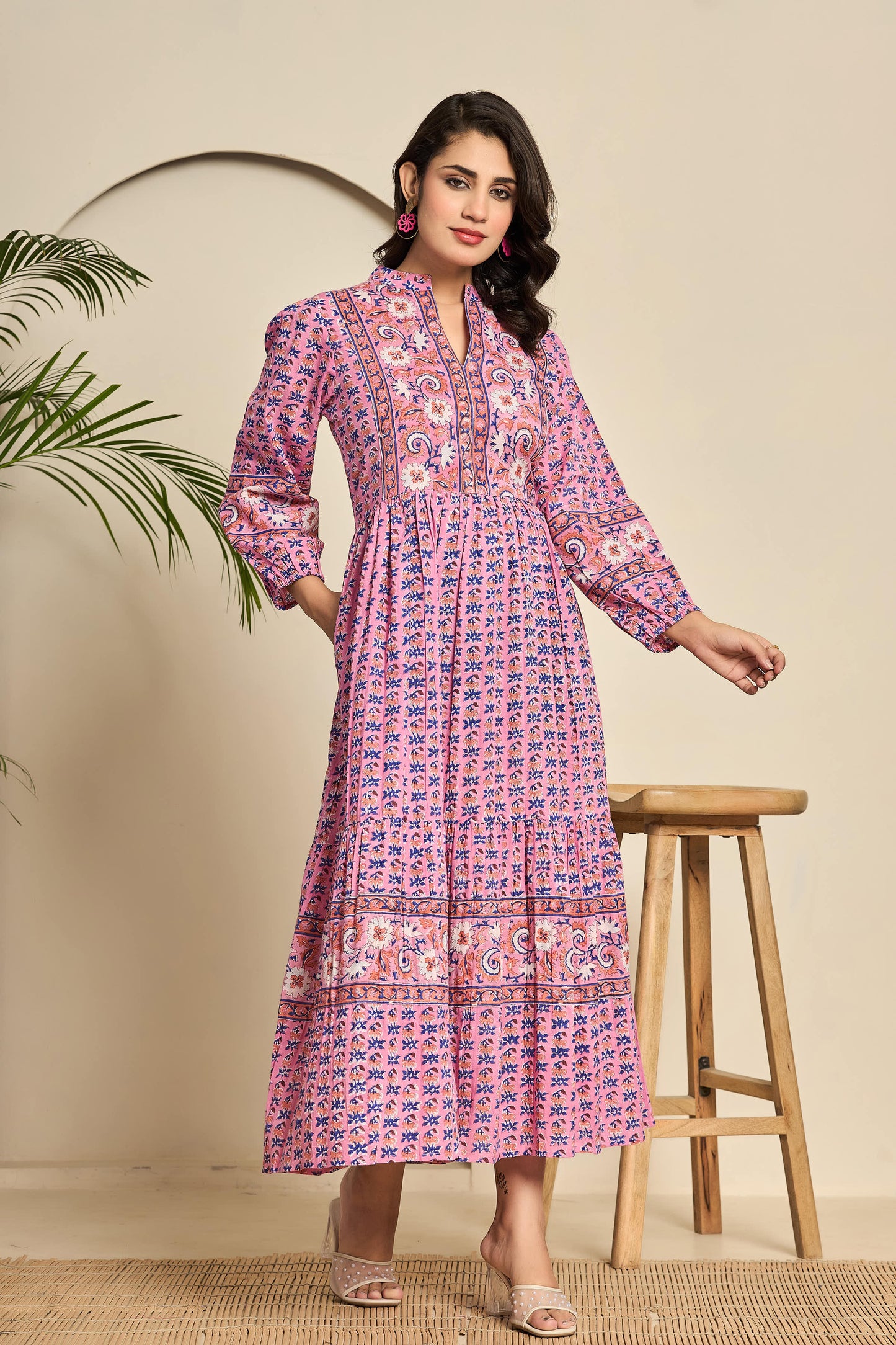Pink Floral Hand Block Printed Cotton Maxi Dress β Collar Neck with Balloon Sleeves & Belt
