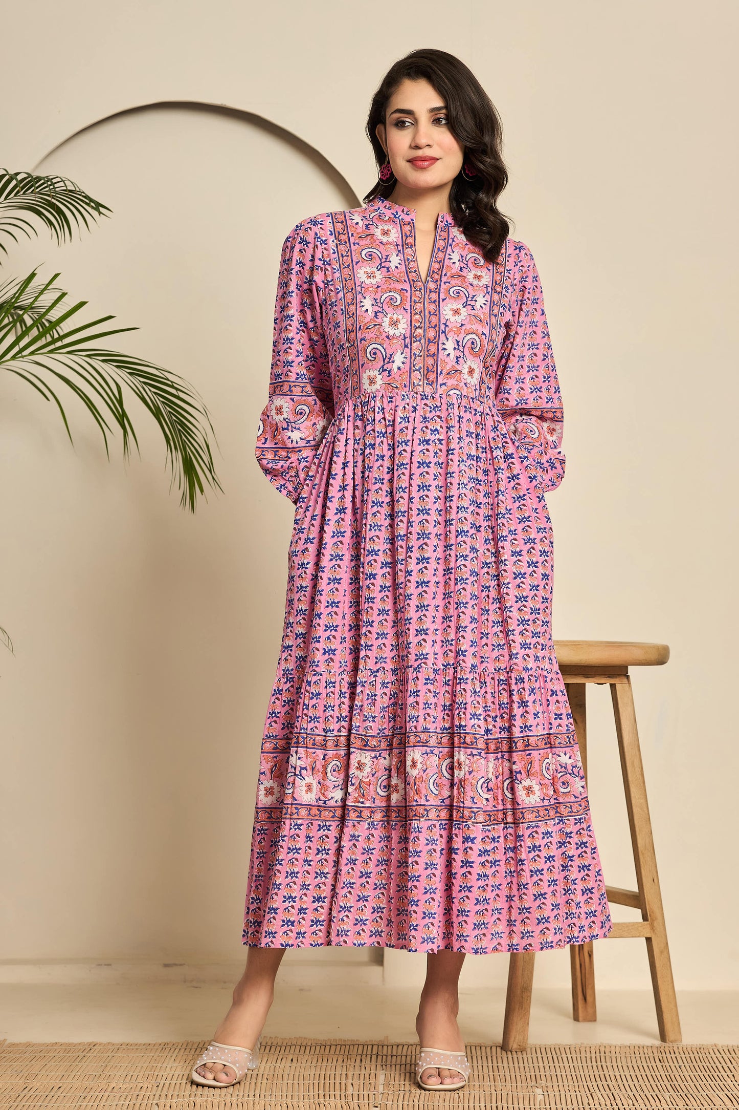 Pink Floral Hand Block Printed Cotton Maxi Dress β Collar Neck with Balloon Sleeves & Belt