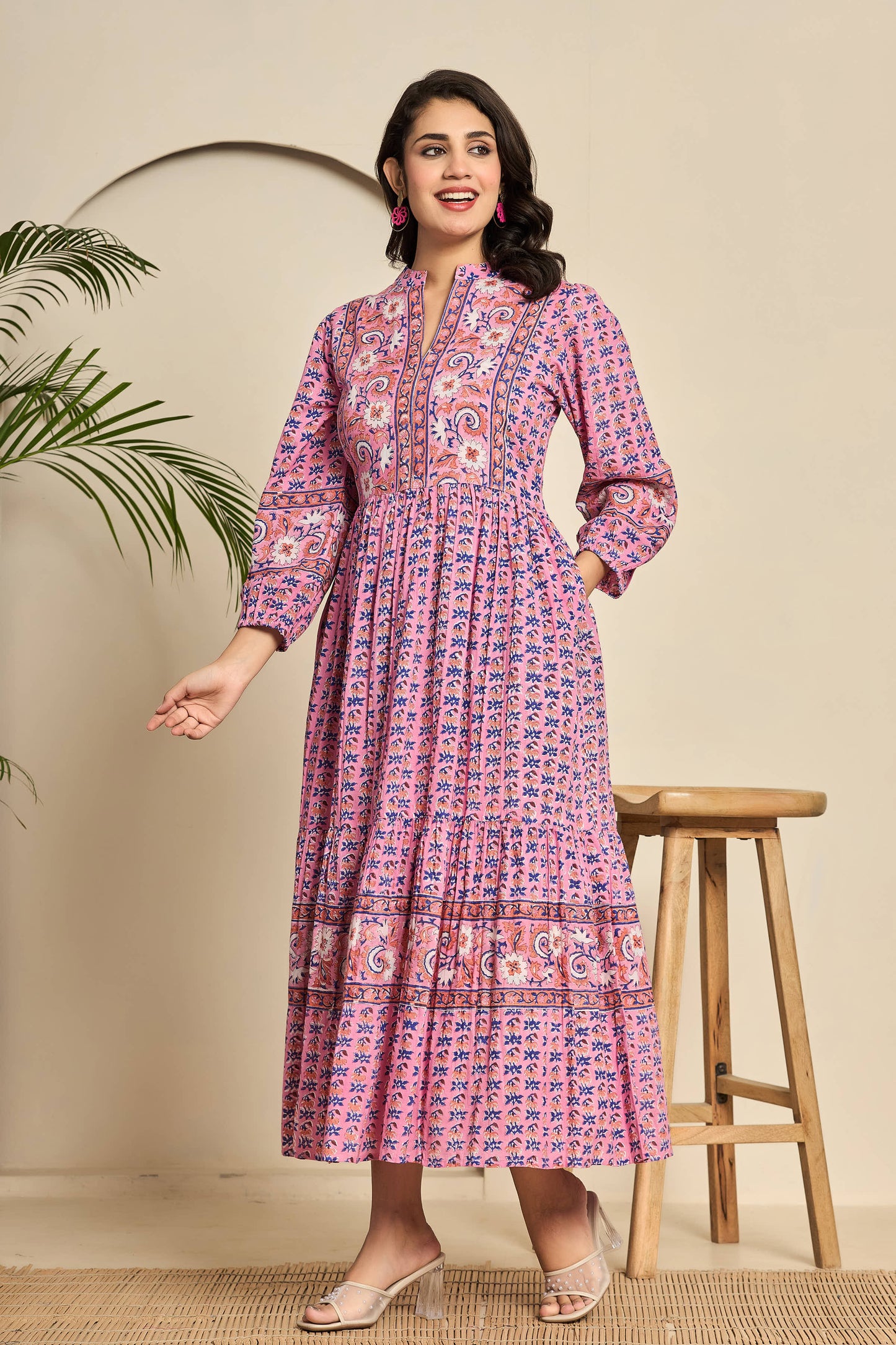 Pink Floral Hand Block Printed Cotton Maxi Dress β Collar Neck with Balloon Sleeves & Belt