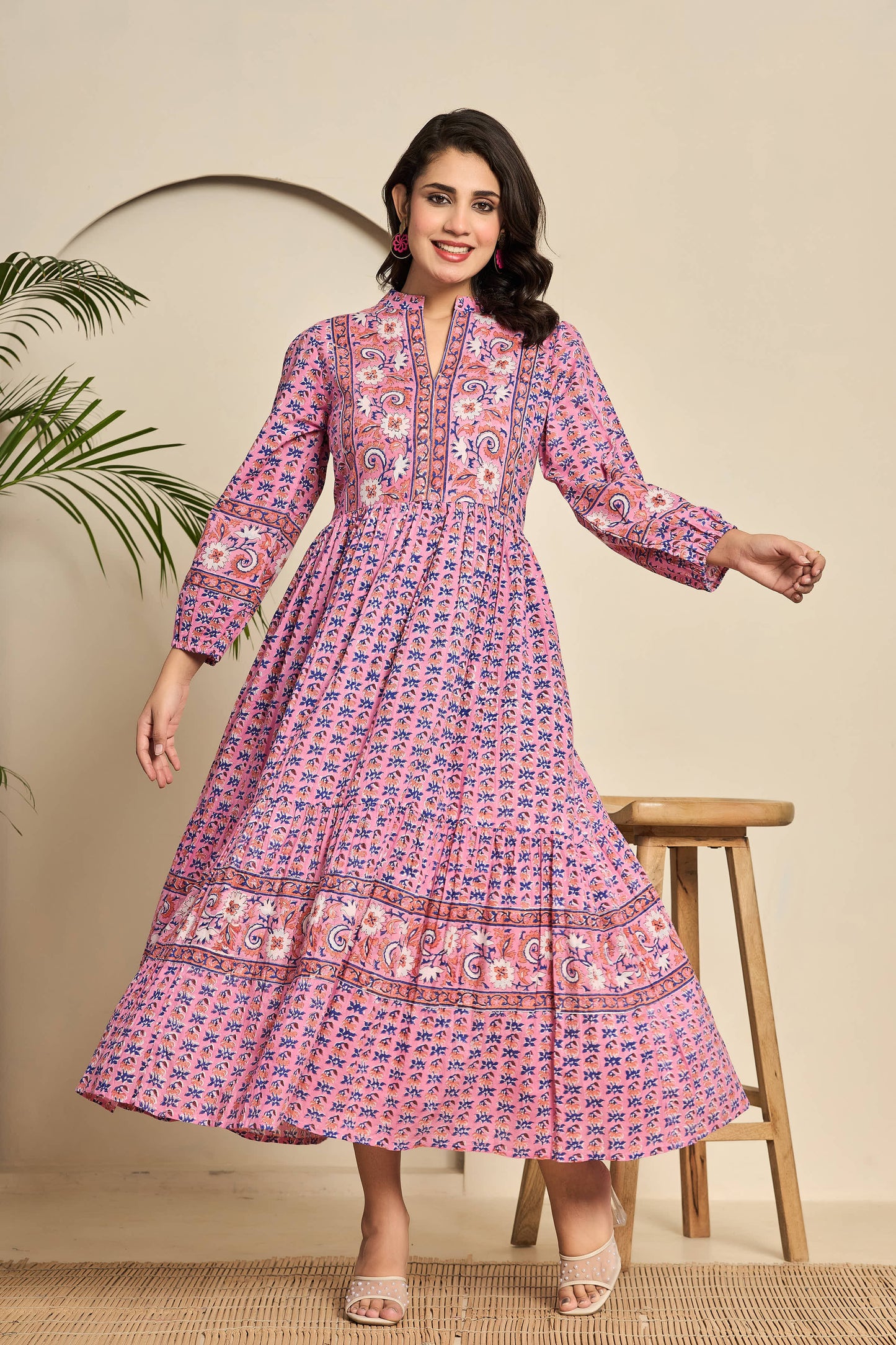 Pink Floral Hand Block Printed Cotton Maxi Dress β Collar Neck with Balloon Sleeves & Belt