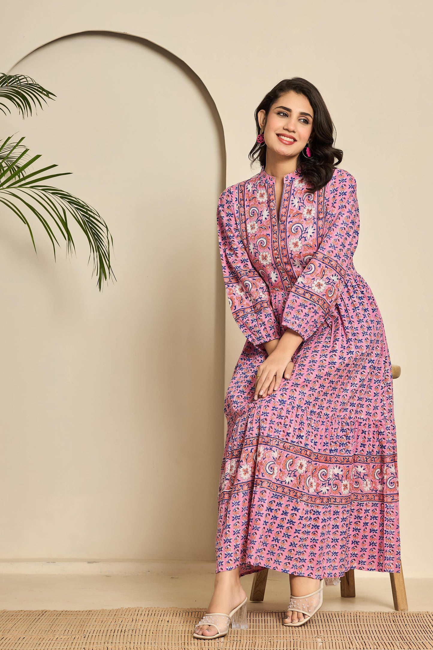 Pink Floral Hand Block Printed Cotton Maxi Dress β Collar Neck with Balloon Sleeves & Belt