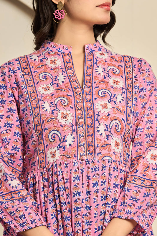 Pink Floral Hand Block Printed Cotton Maxi Dress – Collar Neck with Balloon Sleeves & Belt