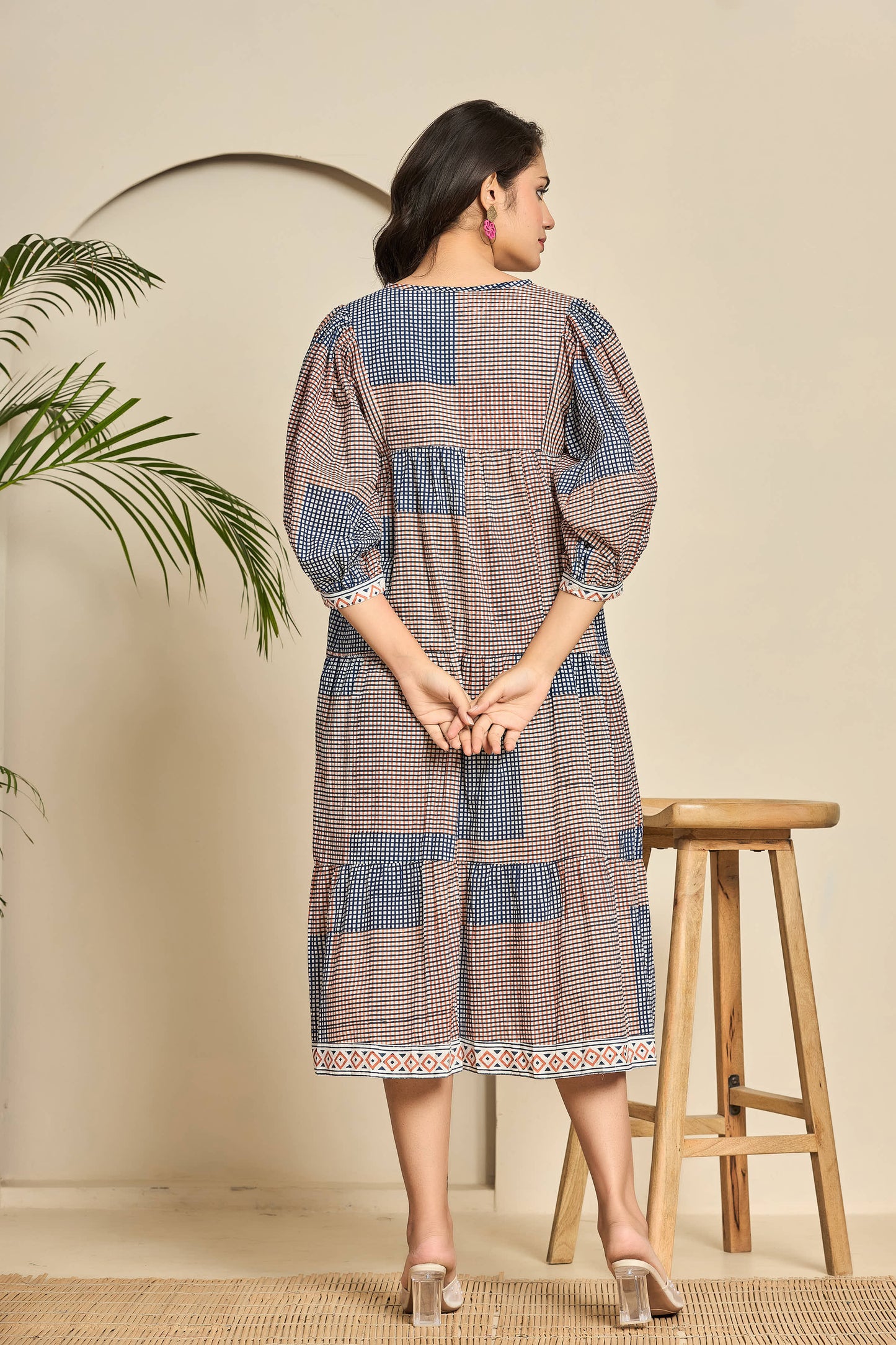 Boho Patchwork Cotton Midi Dress – Keyhole Neckline with Puff Sleeves & Geometric Block Print