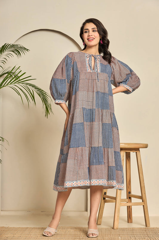 Boho Patchwork Cotton Midi Dress – Keyhole Neckline with Puff Sleeves & Geometric Block Print