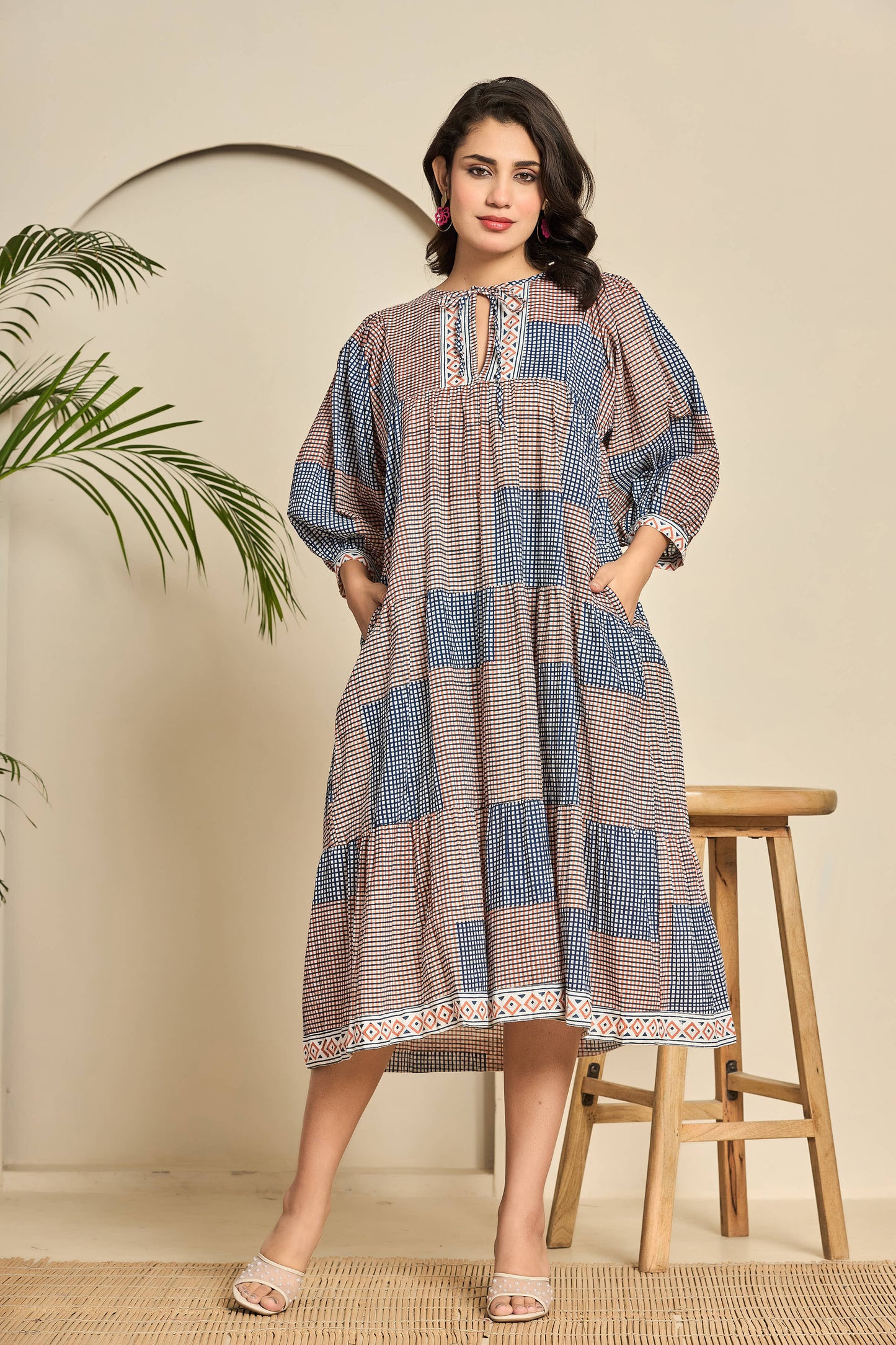 Boho Patchwork Cotton Midi Dress – Keyhole Neckline with Puff Sleeves & Geometric Block Print