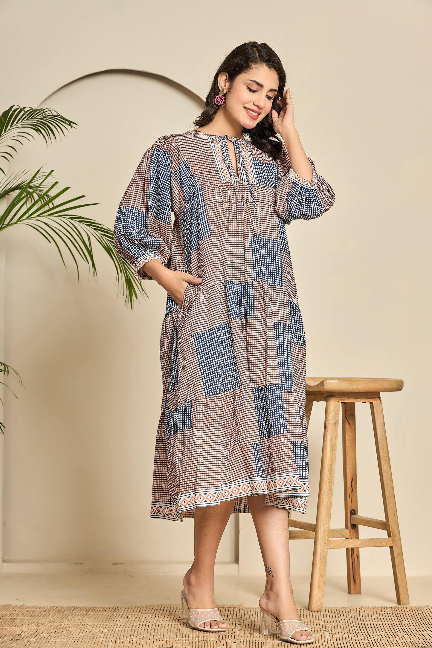Boho Patchwork Cotton Midi Dress – Keyhole Neckline with Puff Sleeves & Geometric Block Print