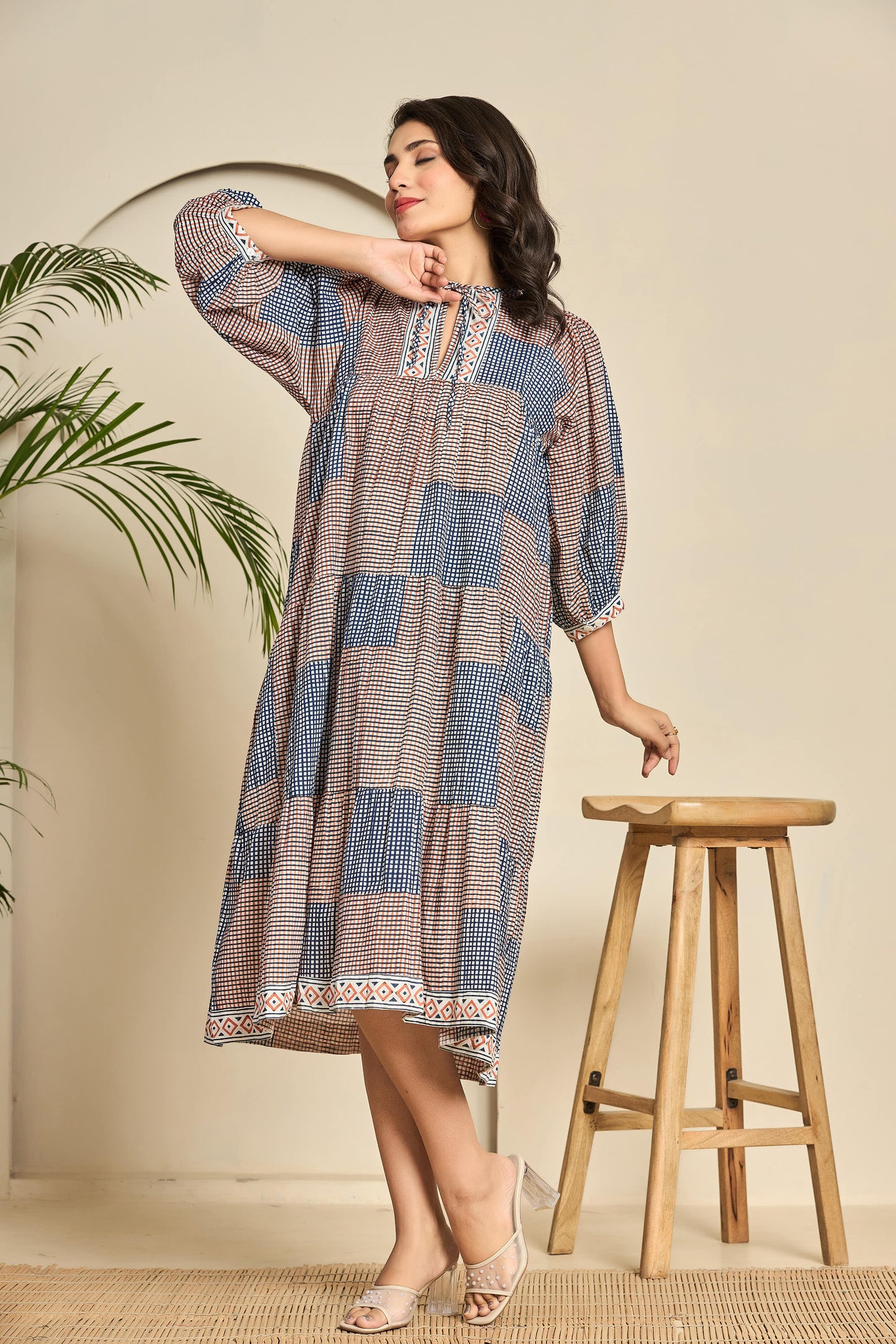 Boho Patchwork Cotton Midi Dress – Keyhole Neckline with Puff Sleeves & Geometric Block Print