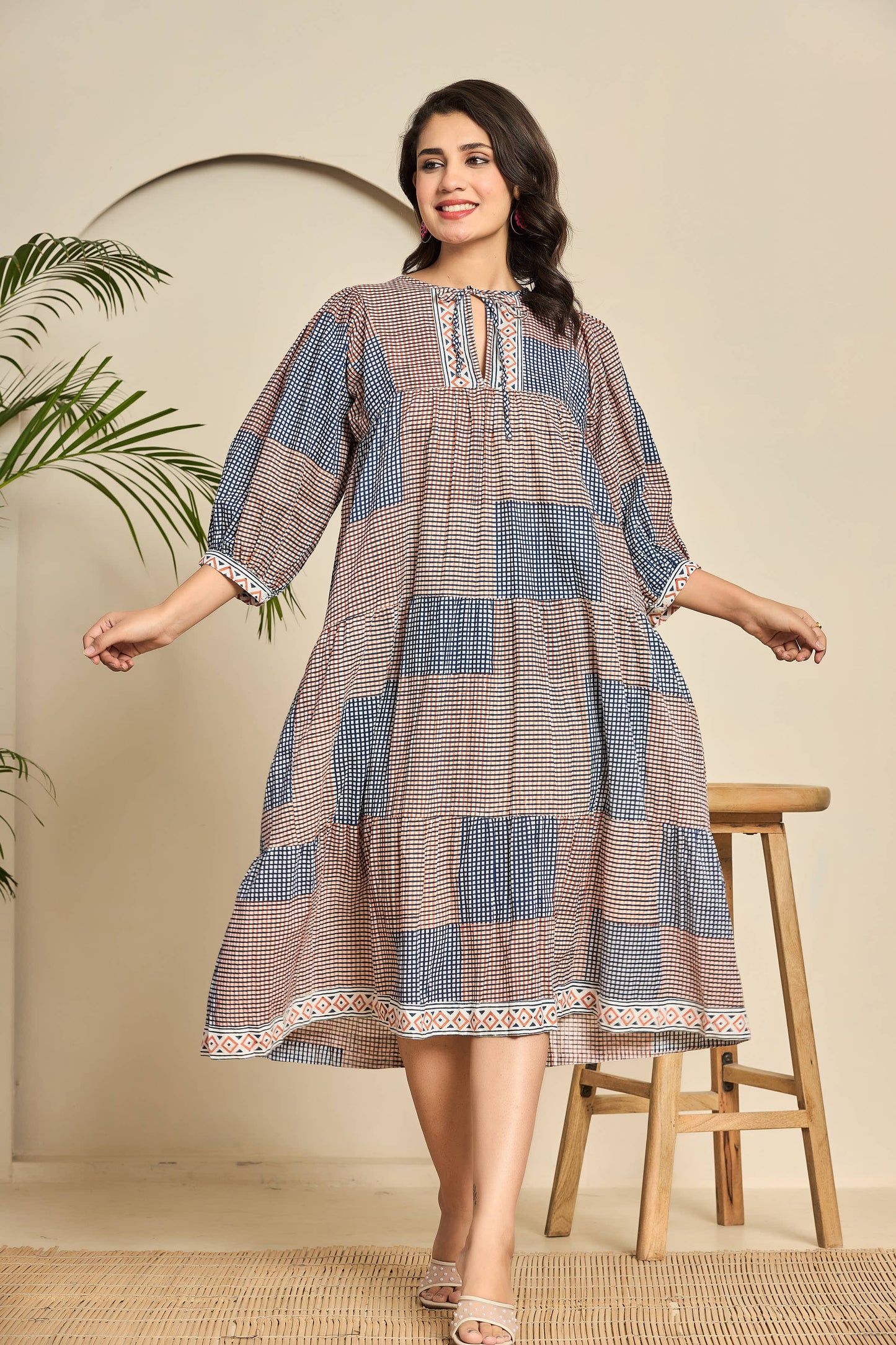 Boho Patchwork Cotton Midi Dress – Keyhole Neckline with Puff Sleeves & Geometric Block Print