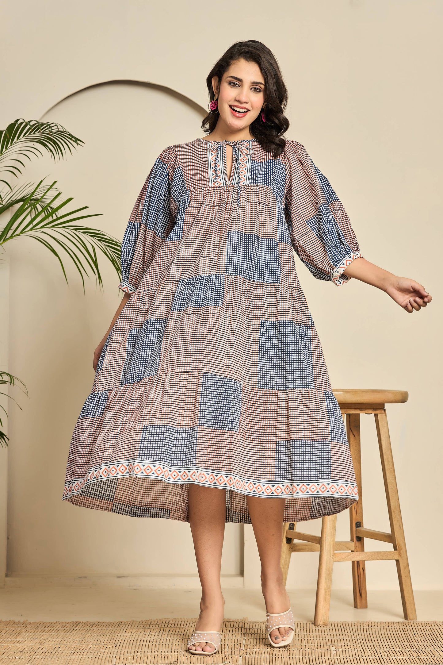 Boho Patchwork Cotton Midi Dress – Keyhole Neckline with Puff Sleeves & Geometric Block Print