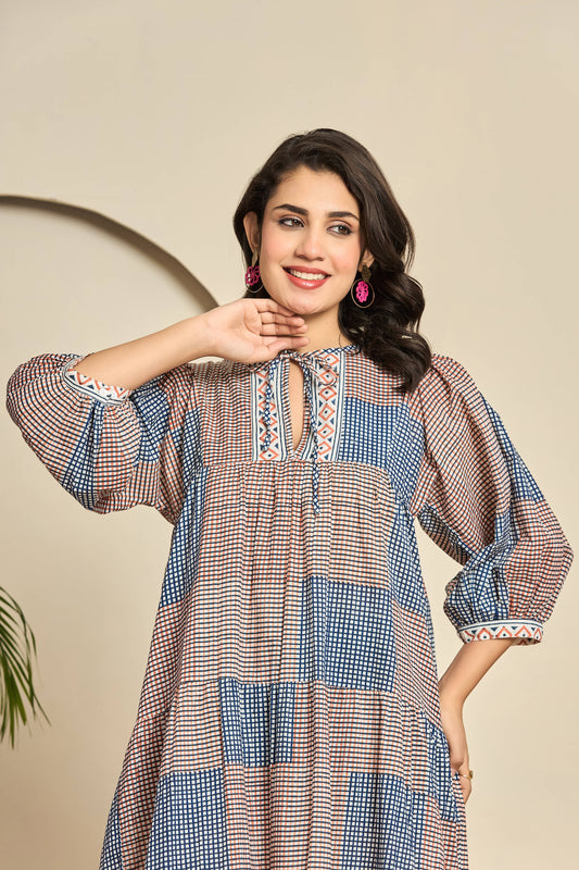 Boho Patchwork Cotton Midi Dress – Keyhole Neckline with Puff Sleeves & Geometric Block Print