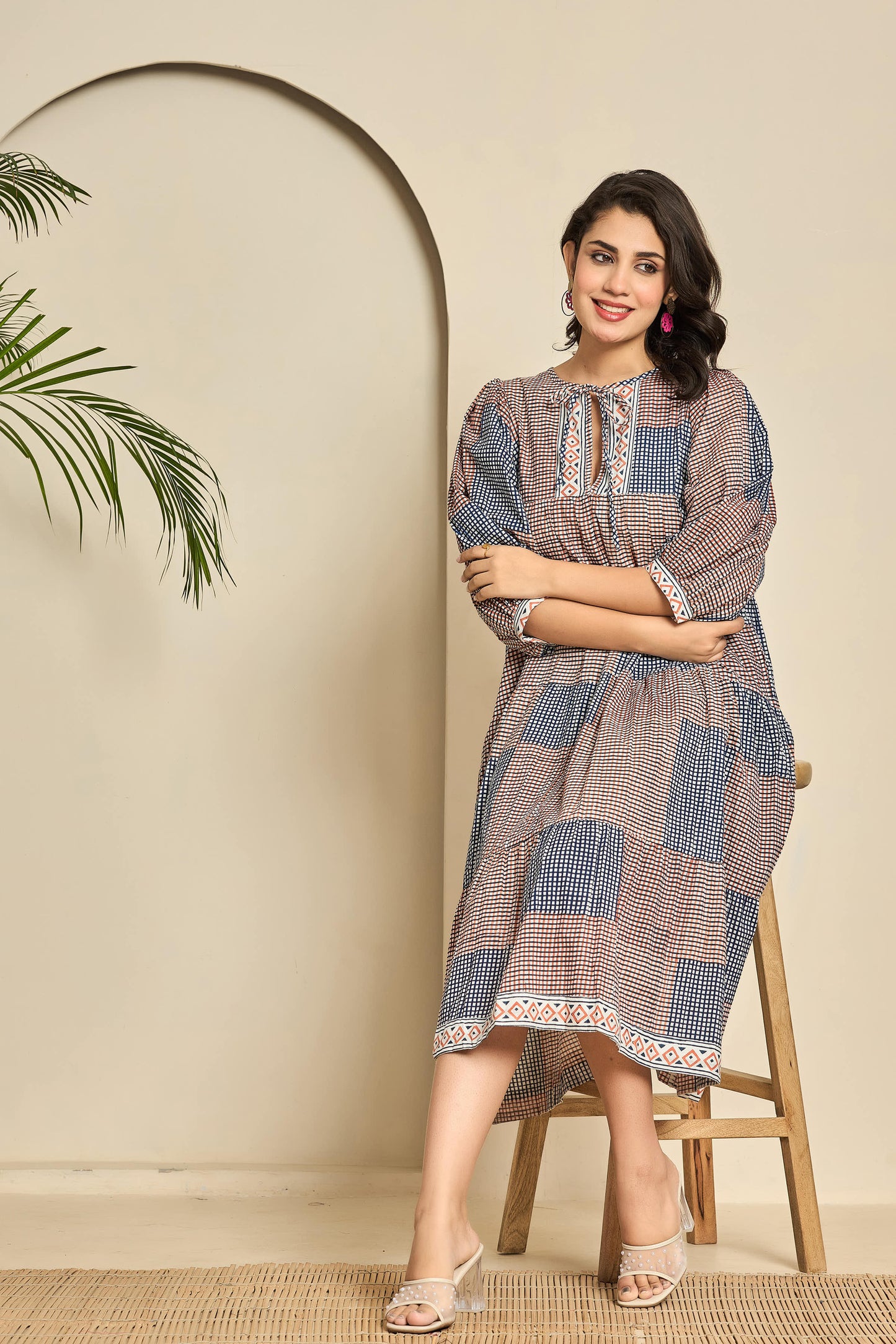 Boho Patchwork Cotton Midi Dress – Keyhole Neckline with Puff Sleeves & Geometric Block Print