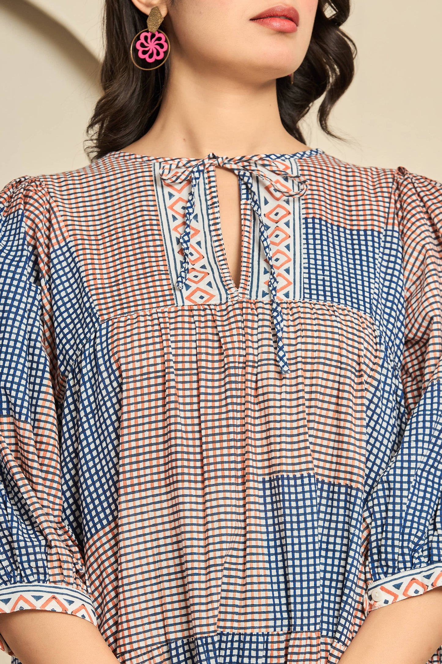 Boho Patchwork Cotton Midi Dress – Keyhole Neckline with Puff Sleeves & Geometric Block Print