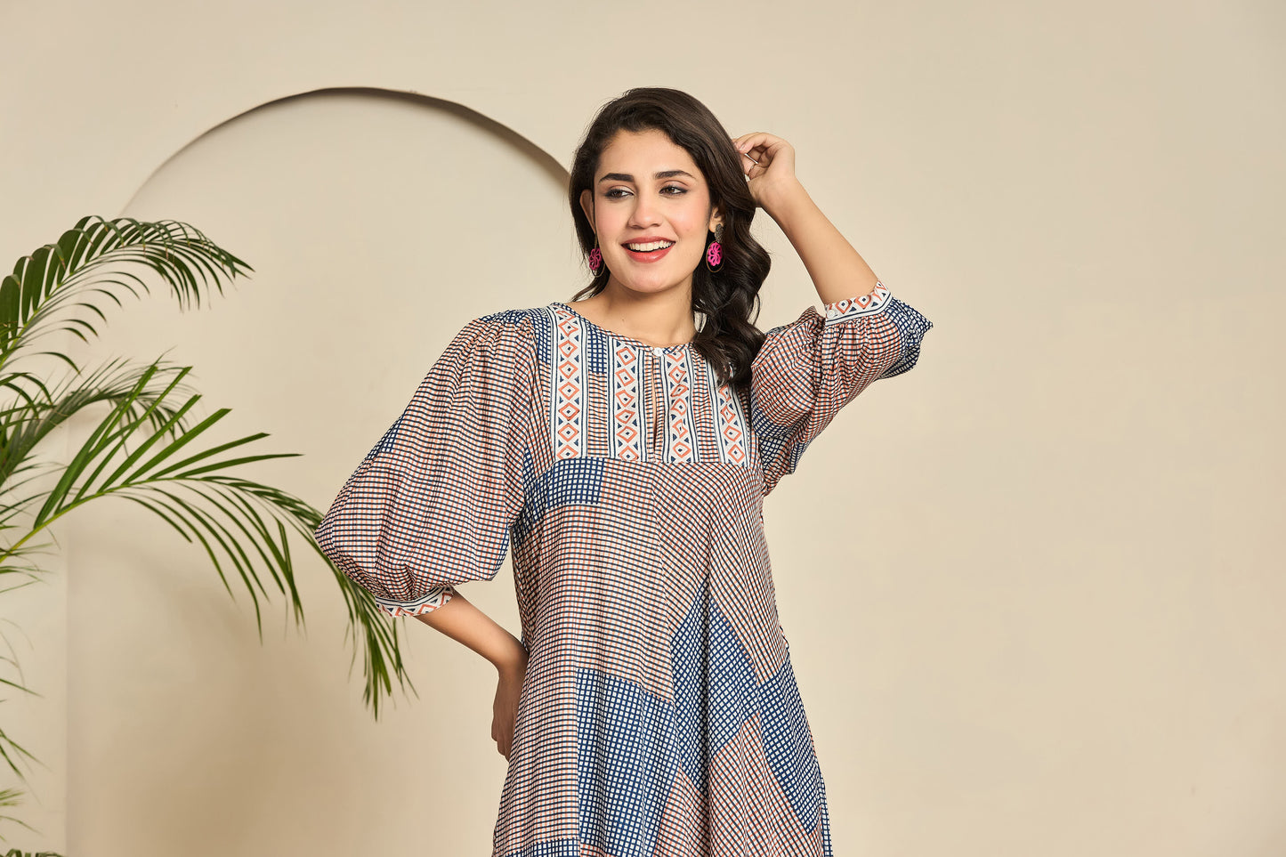 Boho Patchwork Cotton Midi Dress – Keyhole Neckline with Puff Sleeves & Geometric Block Print