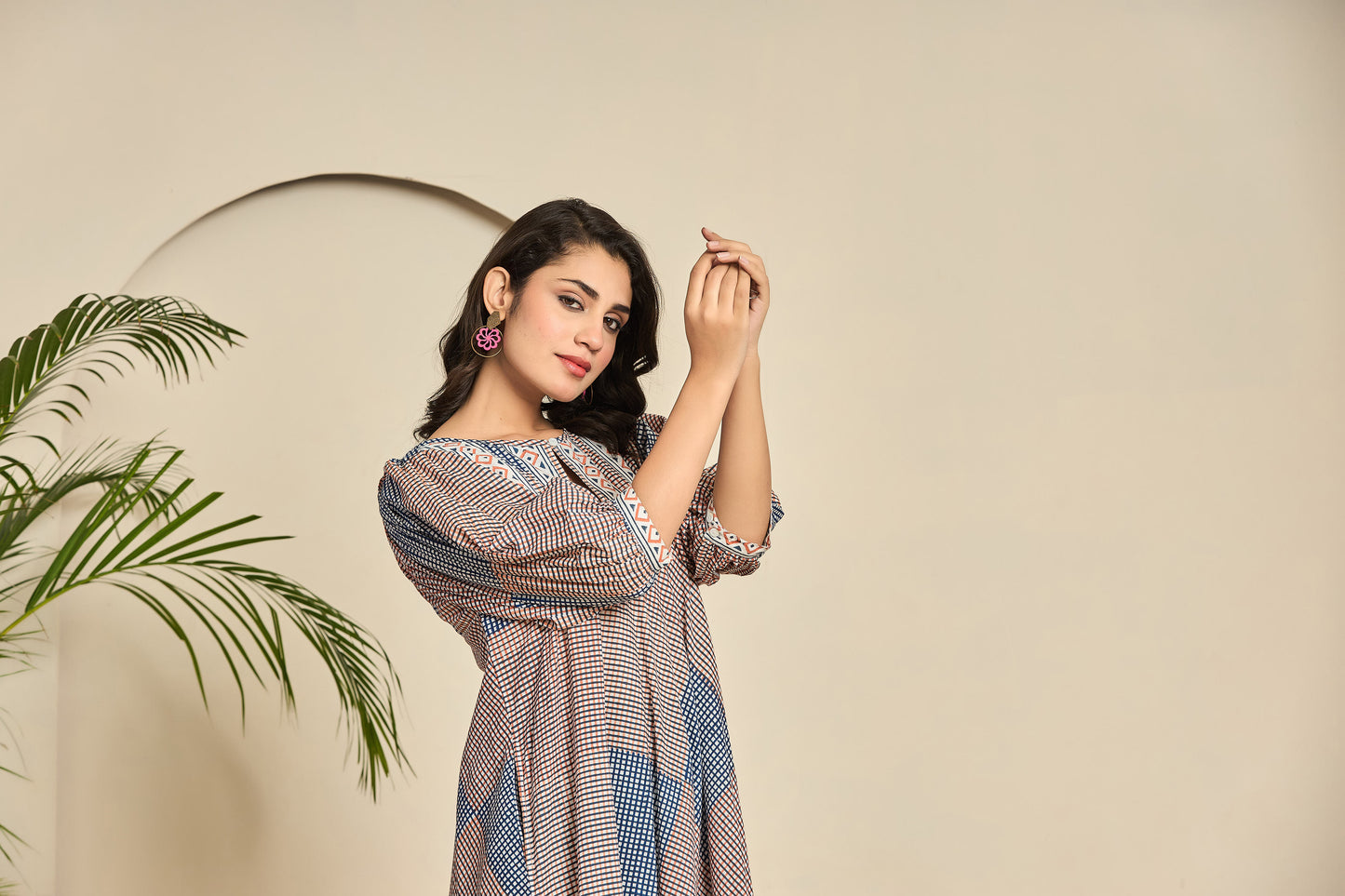 Boho Patchwork Cotton Midi Dress – Keyhole Neckline with Puff Sleeves & Geometric Block Print