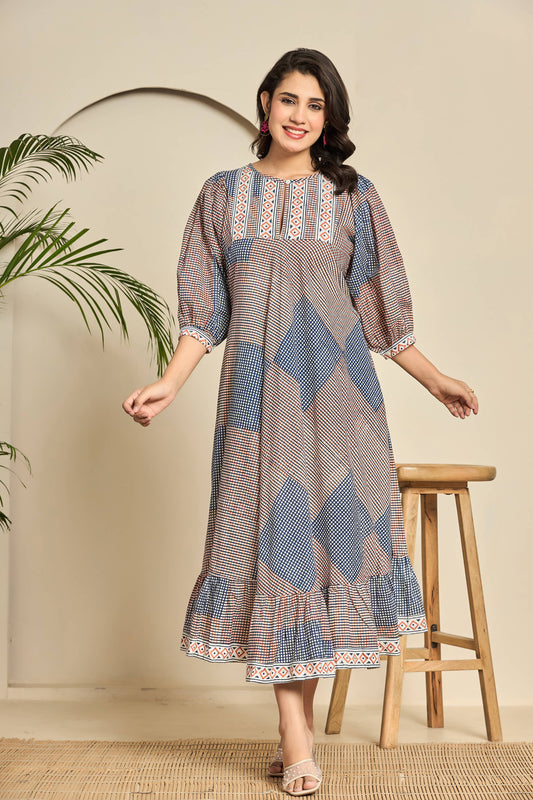 Geometric Patch Cotton Midi Dress – Boho Block Print with Puff Sleeves & Ruffle Hem