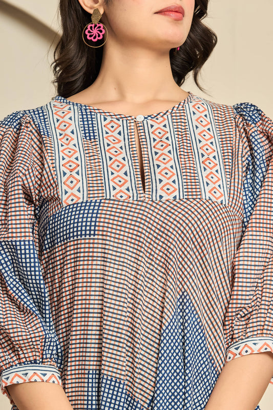 Geometric Patch Cotton Midi Dress – Boho Block Print with Puff Sleeves & Ruffle Hem