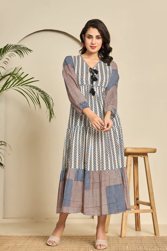 Boho Patchwork Print Cotton Maxi Dress – Tassel Tie Neckline & Long Sleeves