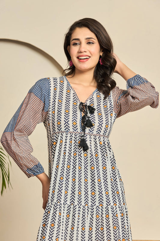 Boho Patchwork Print Cotton Maxi Dress – Tassel Tie Neckline & Long Sleeves