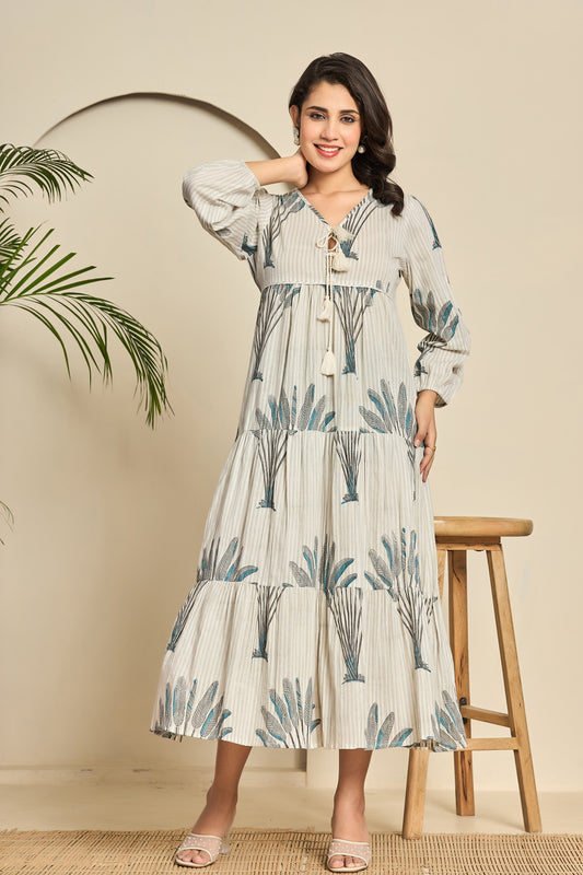 Tropical Leaf Print Cotton Maxi Dress – V Neck with Tassel Ties & Balloon Sleeves