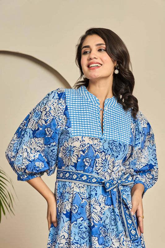 Blue Floral Cotton Maxi Dress – Pintuck Yoke with Balloon Sleeves & Fabric Belt