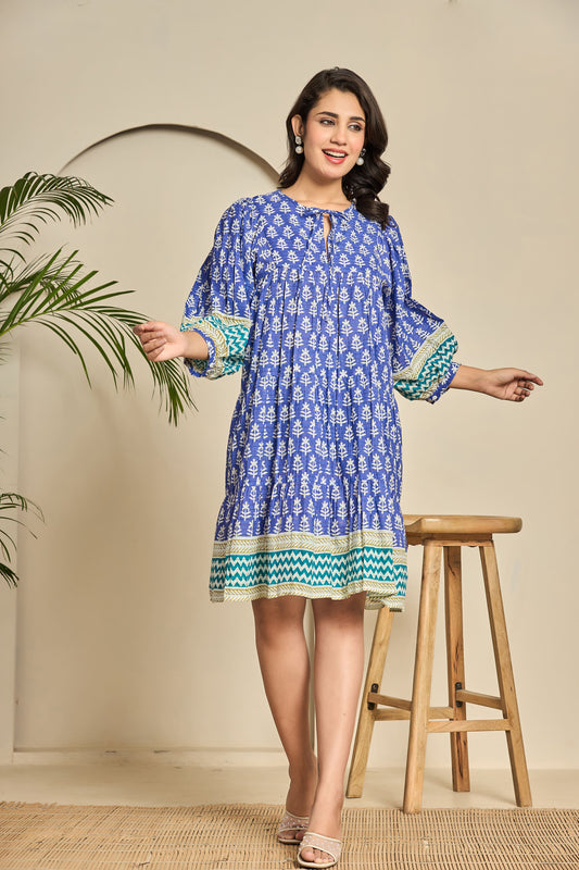 Blue Hand Block Printed Cotton Short Dress – Keyhole Neck Boho Tunic with Puff Sleeves