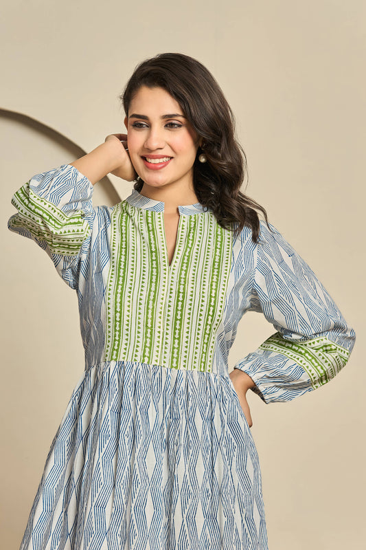 Blue & Green Hand Block Printed Cotton Maxi Dress – Long Sleeve Boho Dress with Pintuck Yoke