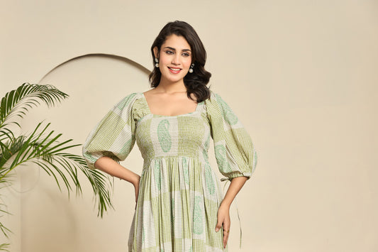 Green Paisley Checkered Cotton Maxi Dress – Square Neck Boho Dress with Puff Sleeves