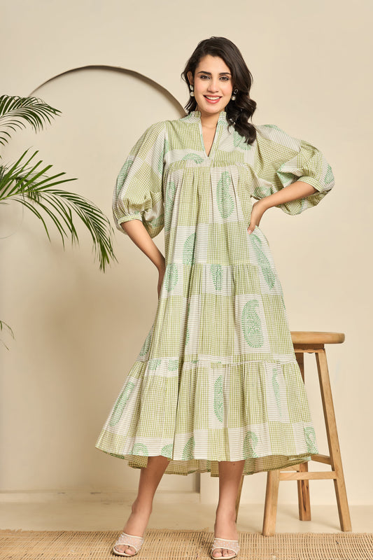 Green Paisley Check Cotton Maxi Dress – V Neck Tiered Dress with Puff Sleeves