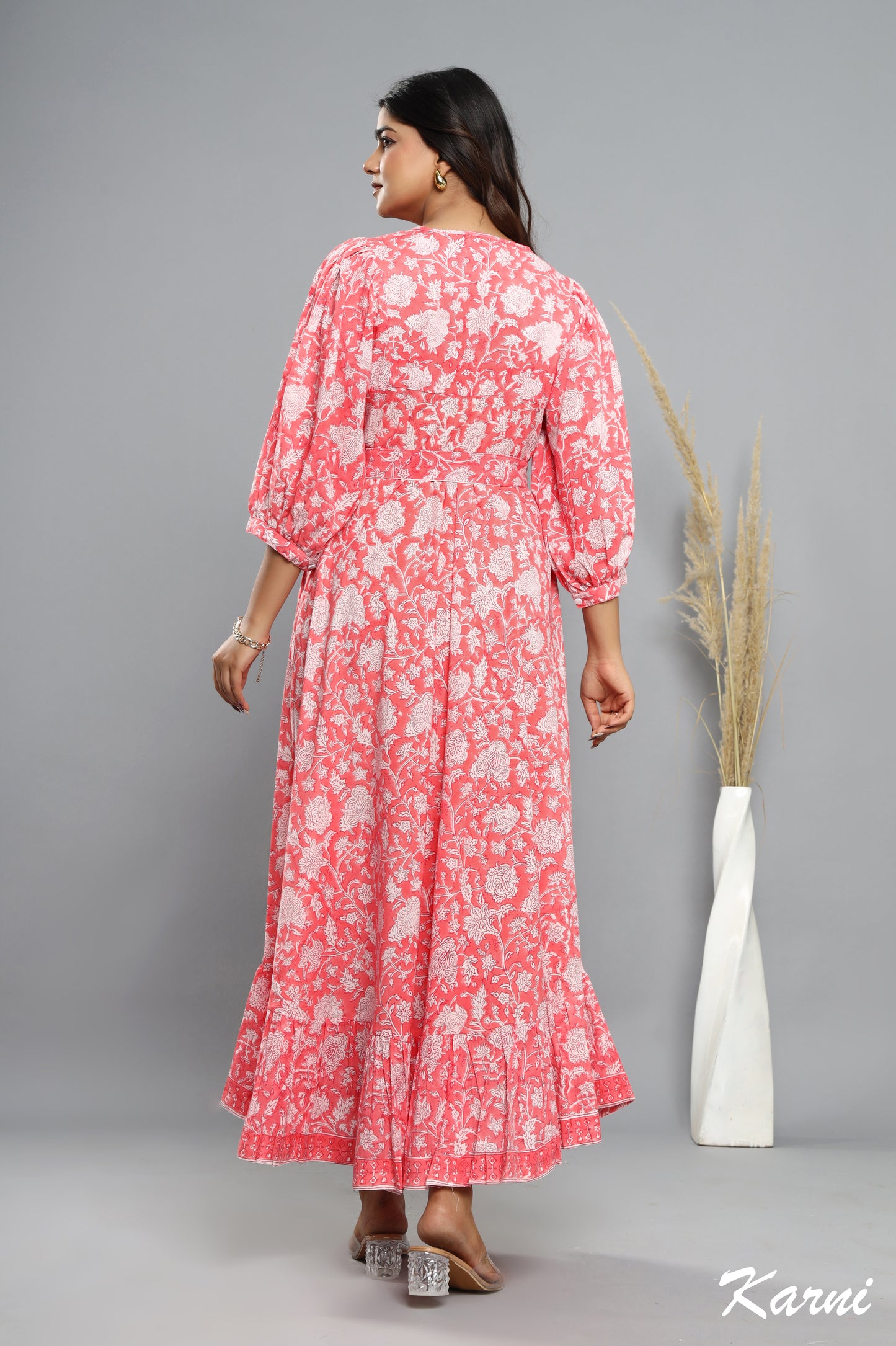 punch floral hand block printed bohemian cotton dress - 3/4th sleeve long maxi dress