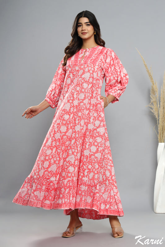 punch floral hand block printed bohemian cotton dress - 3/4th sleeve long maxi dress