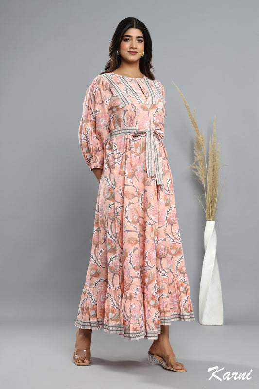 bohemian light salmon hand block floral printed long maxi dress - 3/4th sleeve cotton dress