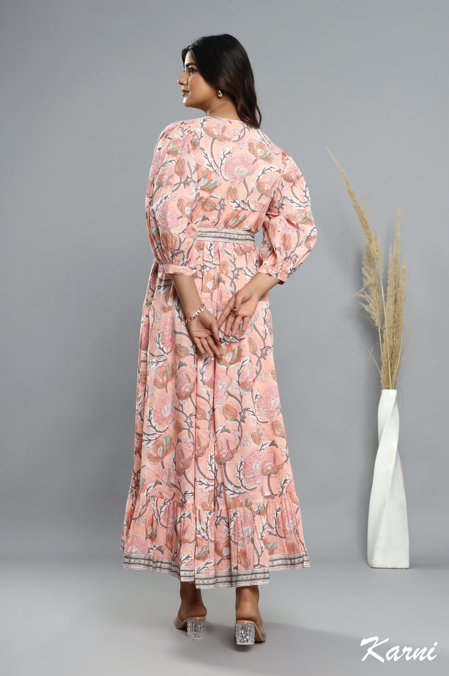 bohemian light salmon hand block floral printed long maxi dress - 3/4th sleeve cotton dress
