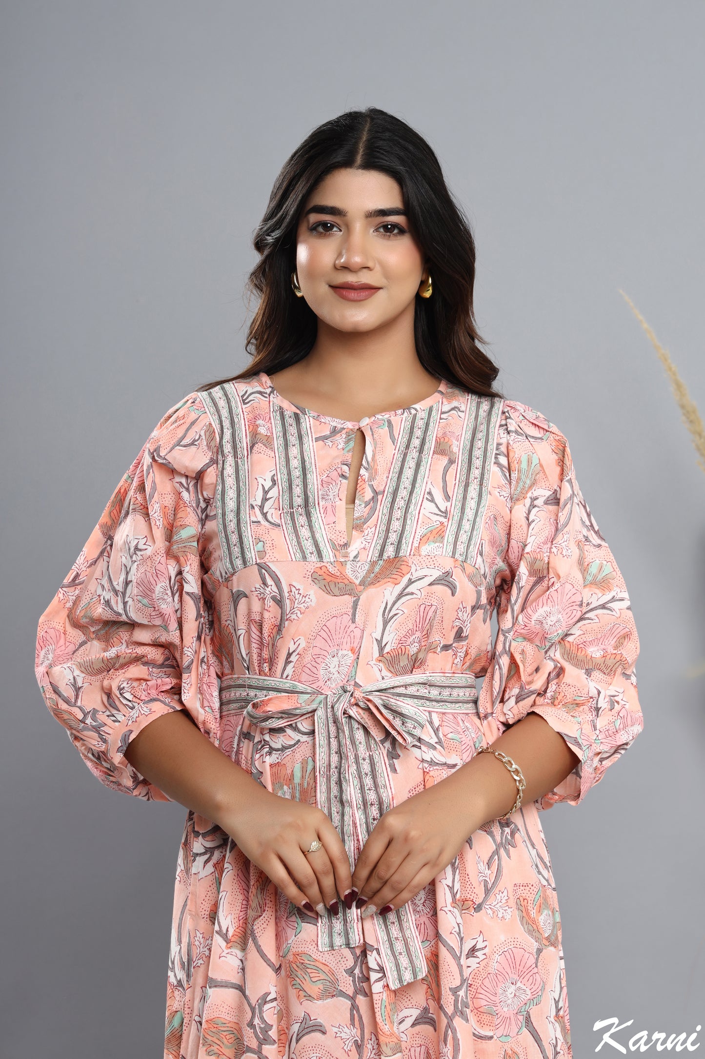 bohemian light salmon hand block floral printed long maxi dress - 3/4th sleeve cotton dress