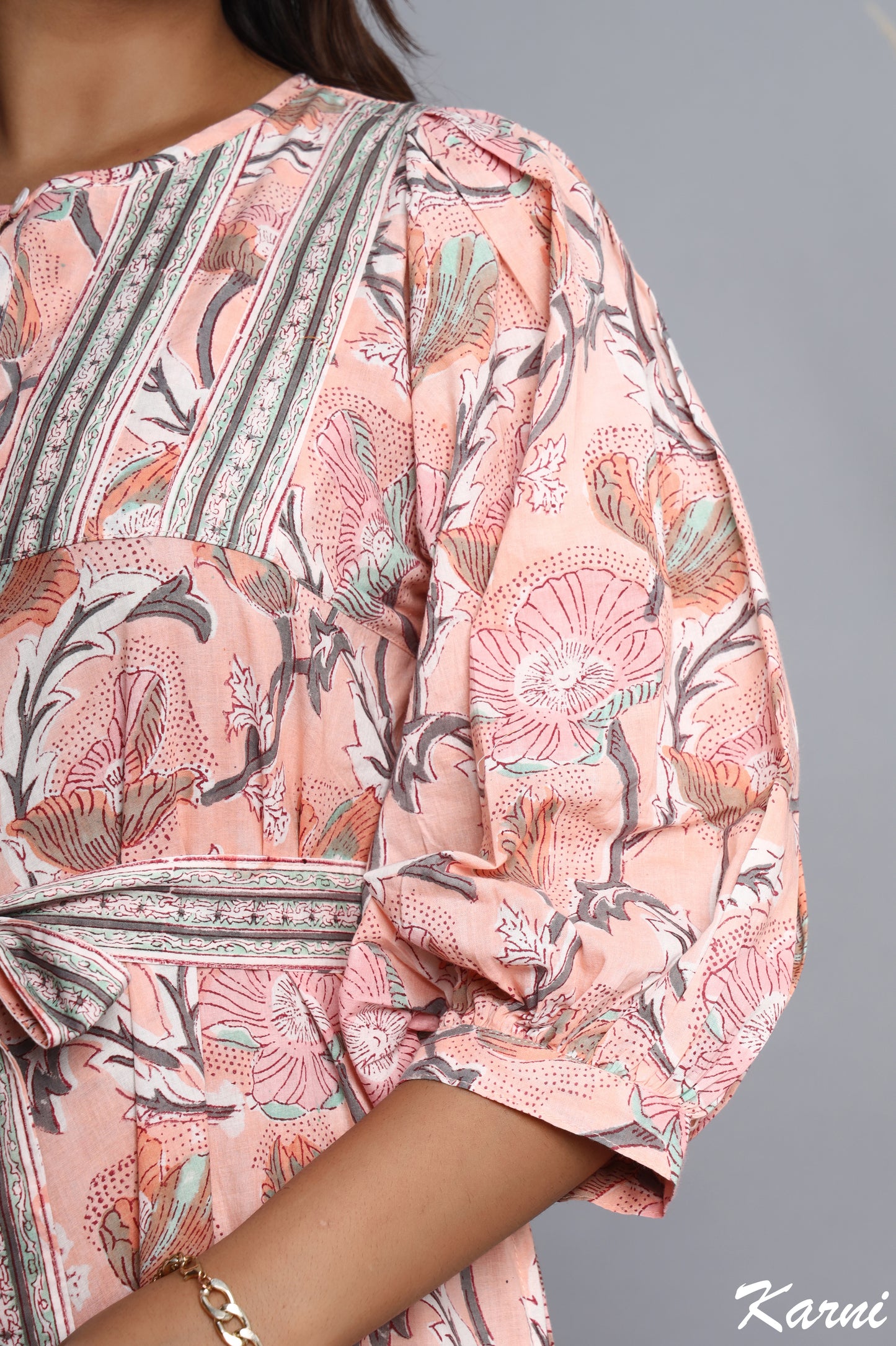 bohemian light salmon hand block floral printed long maxi dress - 3/4th sleeve cotton dress