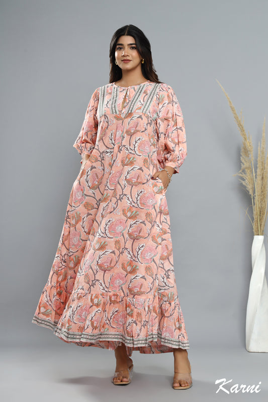 bohemian light salmon hand block floral printed long maxi dress - 3/4th sleeve cotton dress