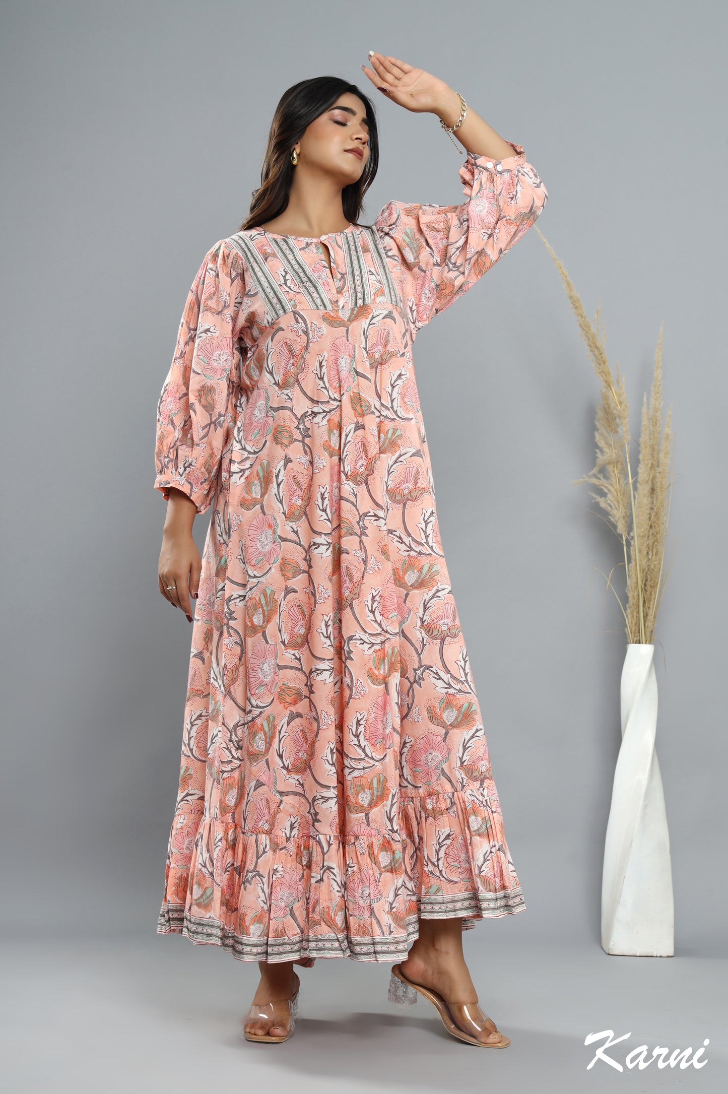bohemian light salmon hand block floral printed long maxi dress - 3/4th sleeve cotton dress