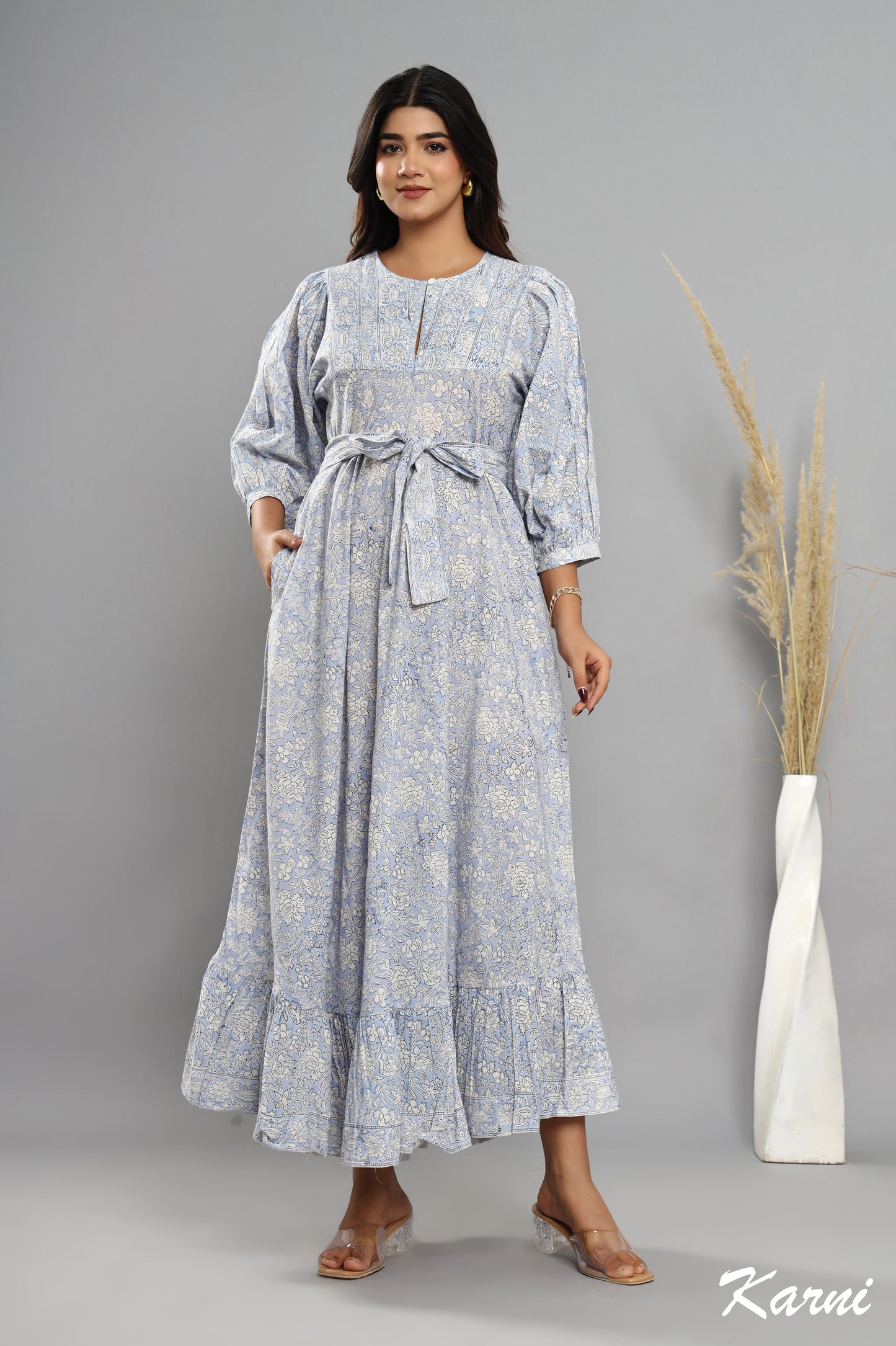 cotton frost floral hand block printed bohemian maxi dress - 3/4th sleeve long dress