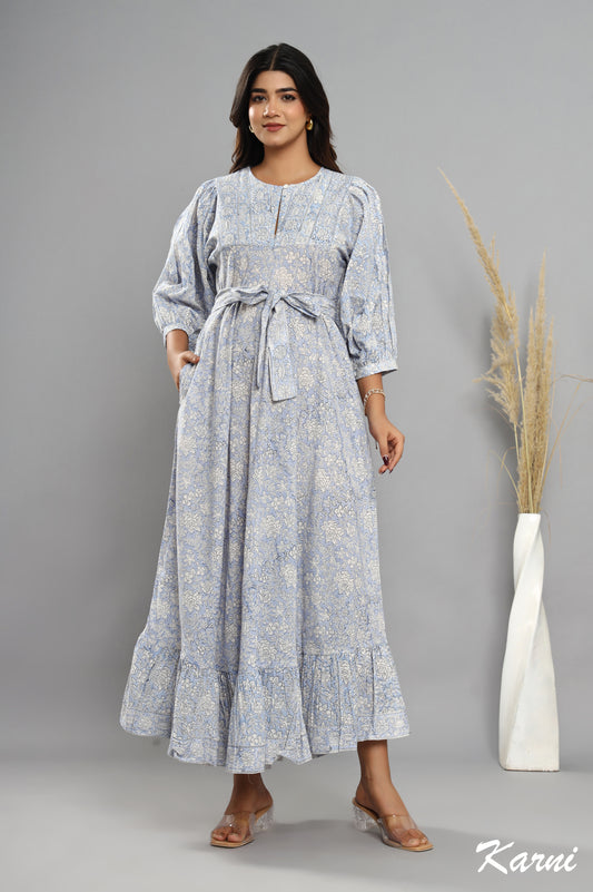 cotton frost floral hand block printed bohemian maxi dress - 3/4th sleeve long dress