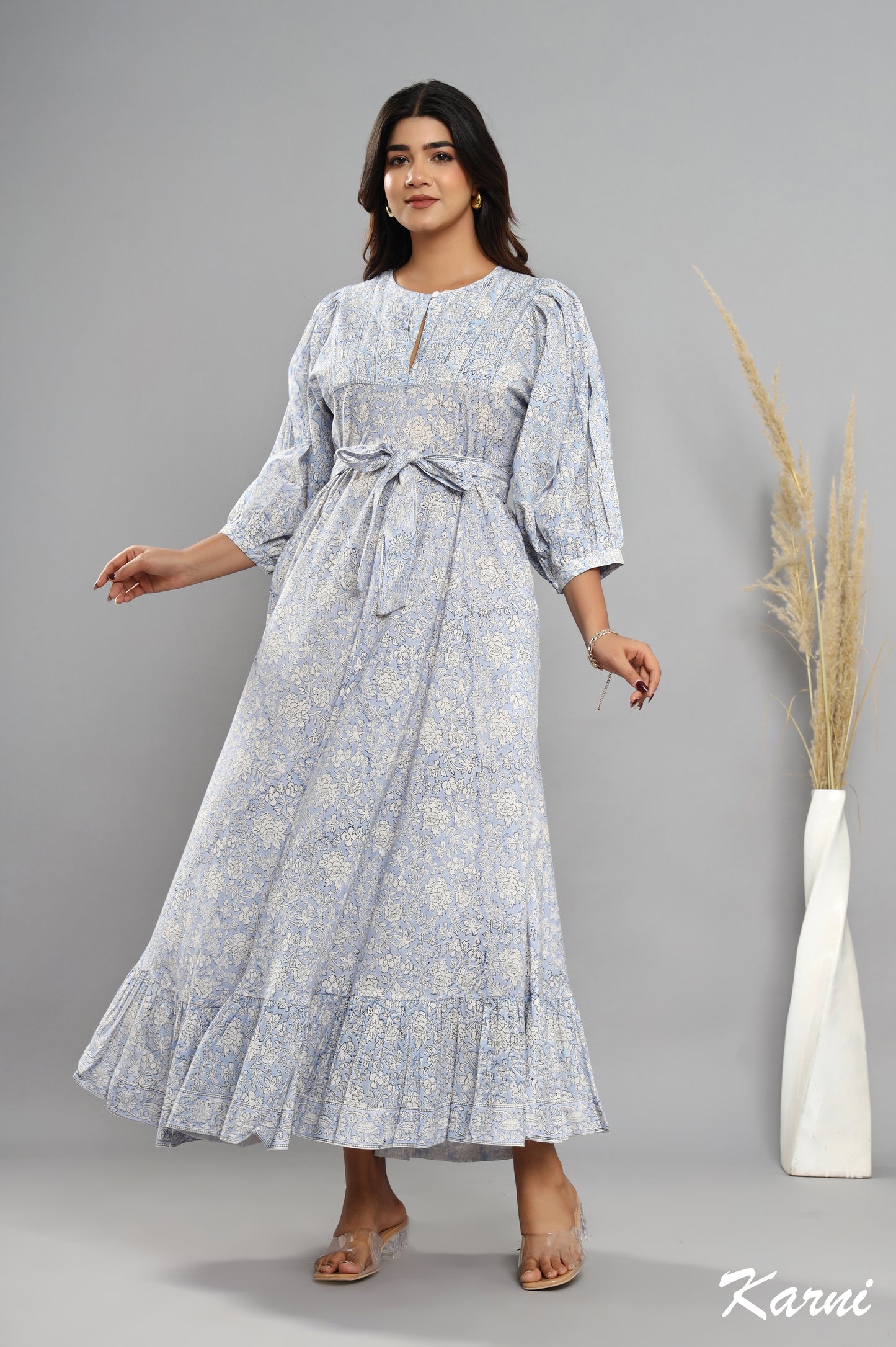cotton frost floral hand block printed bohemian maxi dress - 3/4th sleeve long dress