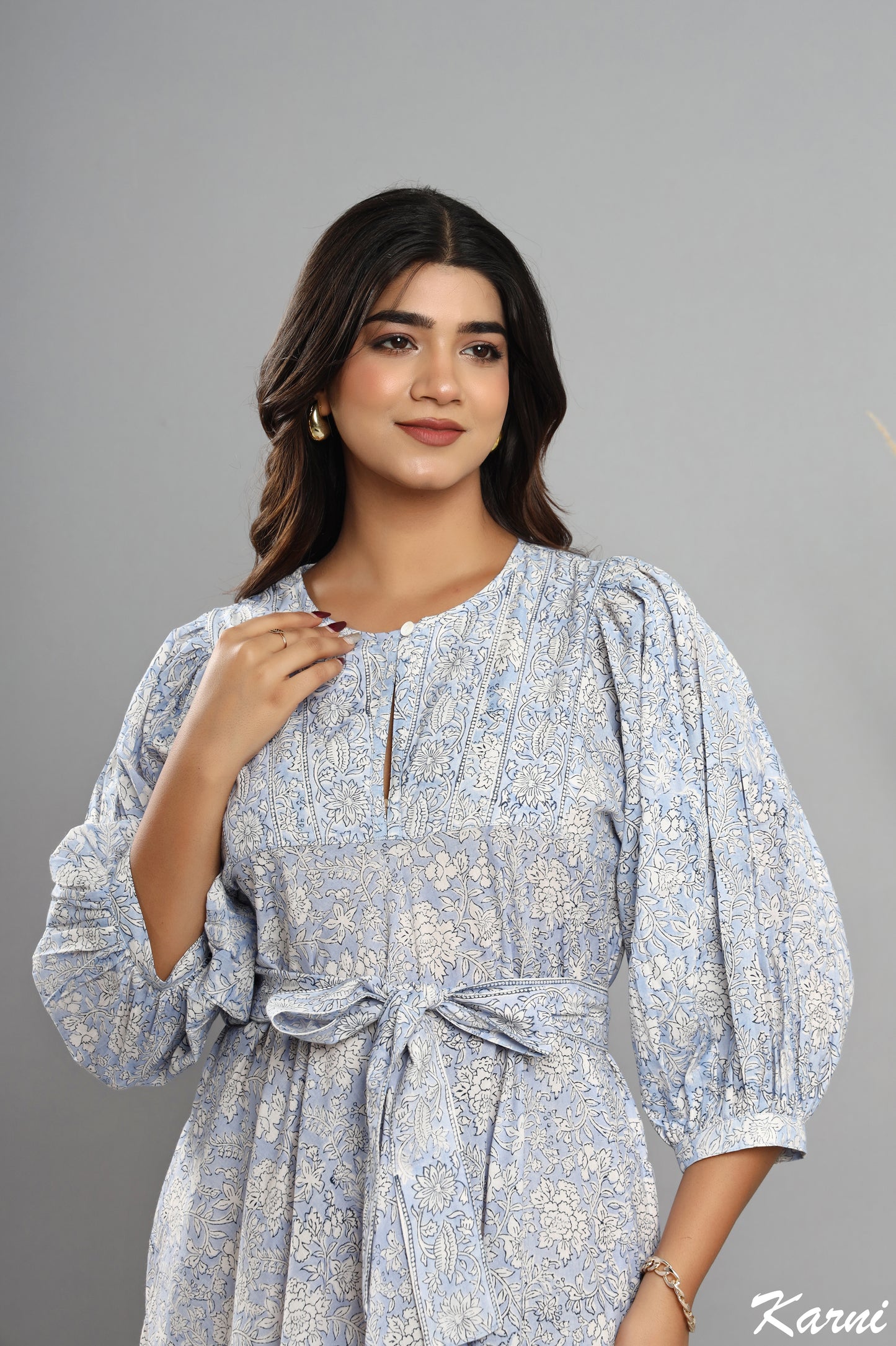 cotton frost floral hand block printed bohemian maxi dress - 3/4th sleeve long dress