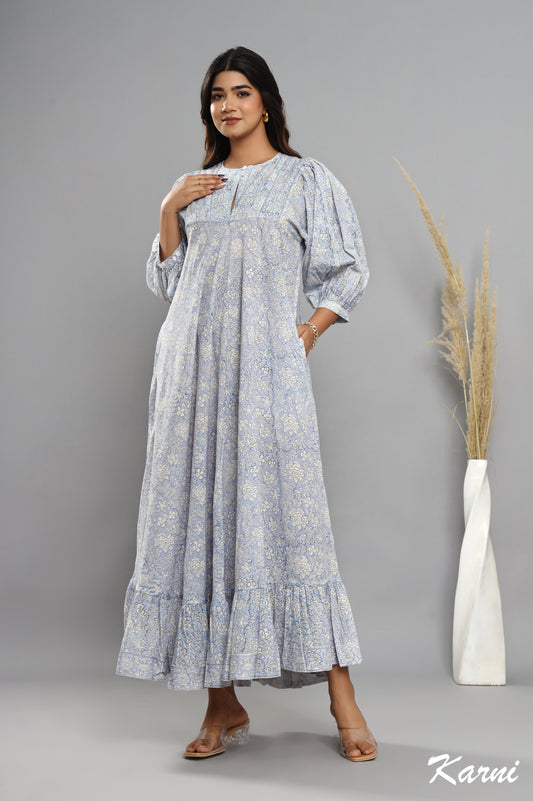 cotton frost floral hand block printed bohemian maxi dress - 3/4th sleeve long dress
