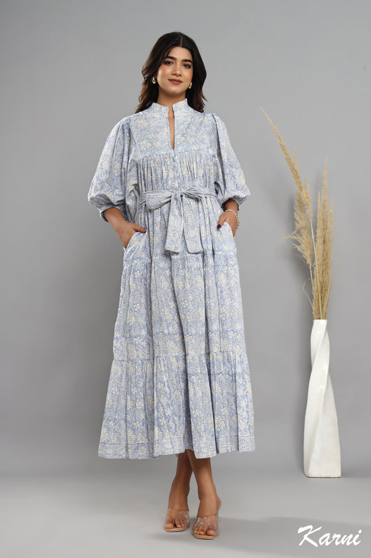 beau blue cotton floral hand block printed long maxi dress - frill collar bohemian dress