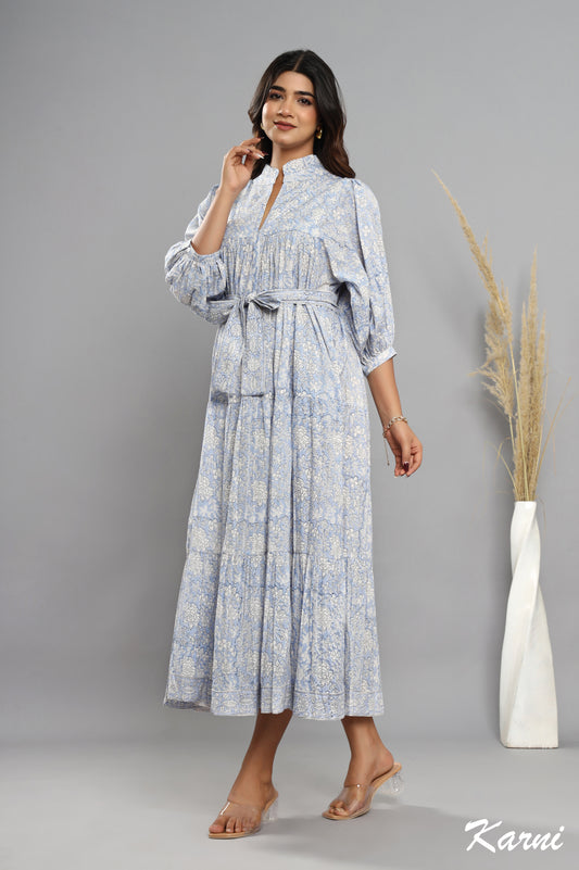 beau blue cotton floral hand block printed long maxi dress - frill collar bohemian dress