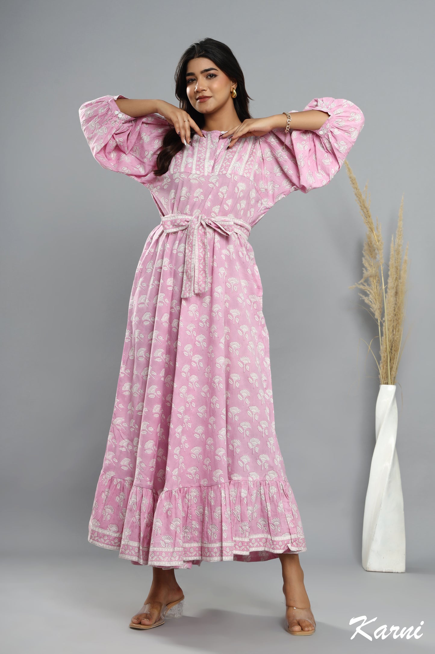 cotton candy hand block floral printed bohemian maxi dress - 3/4th sleeve long dress