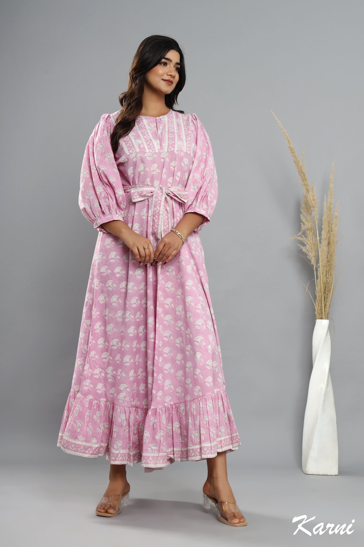 cotton candy hand block floral printed bohemian maxi dress - 3/4th sleeve long dress