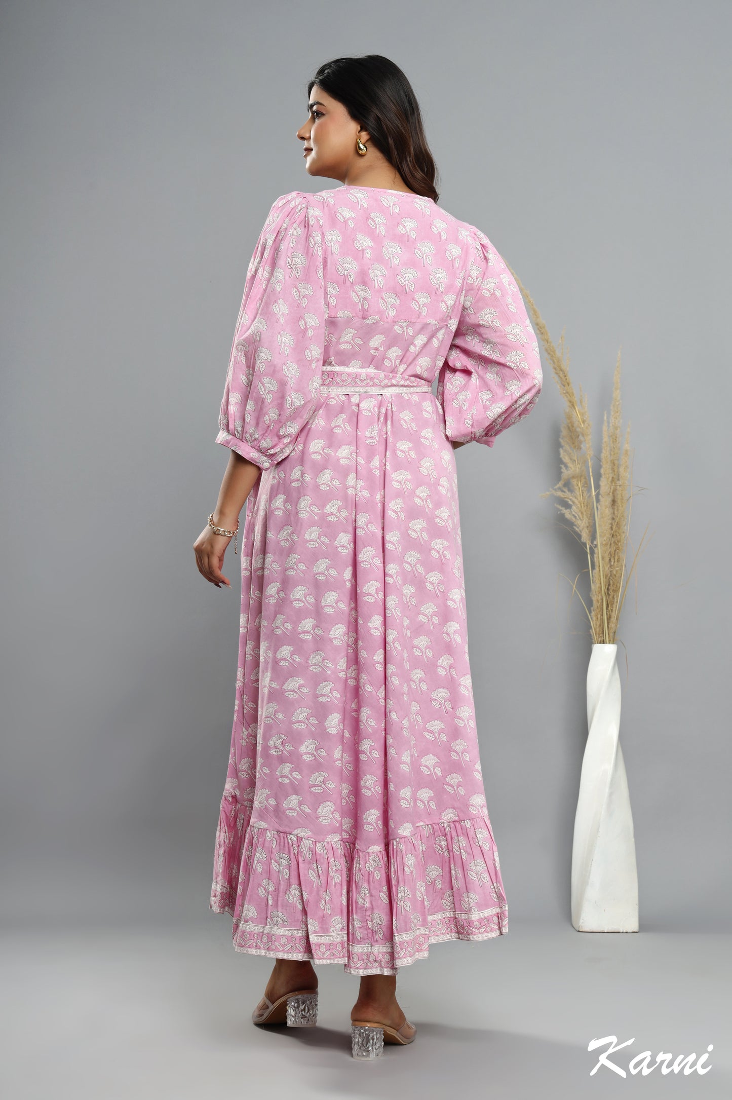 cotton candy hand block floral printed bohemian maxi dress - 3/4th sleeve long dress