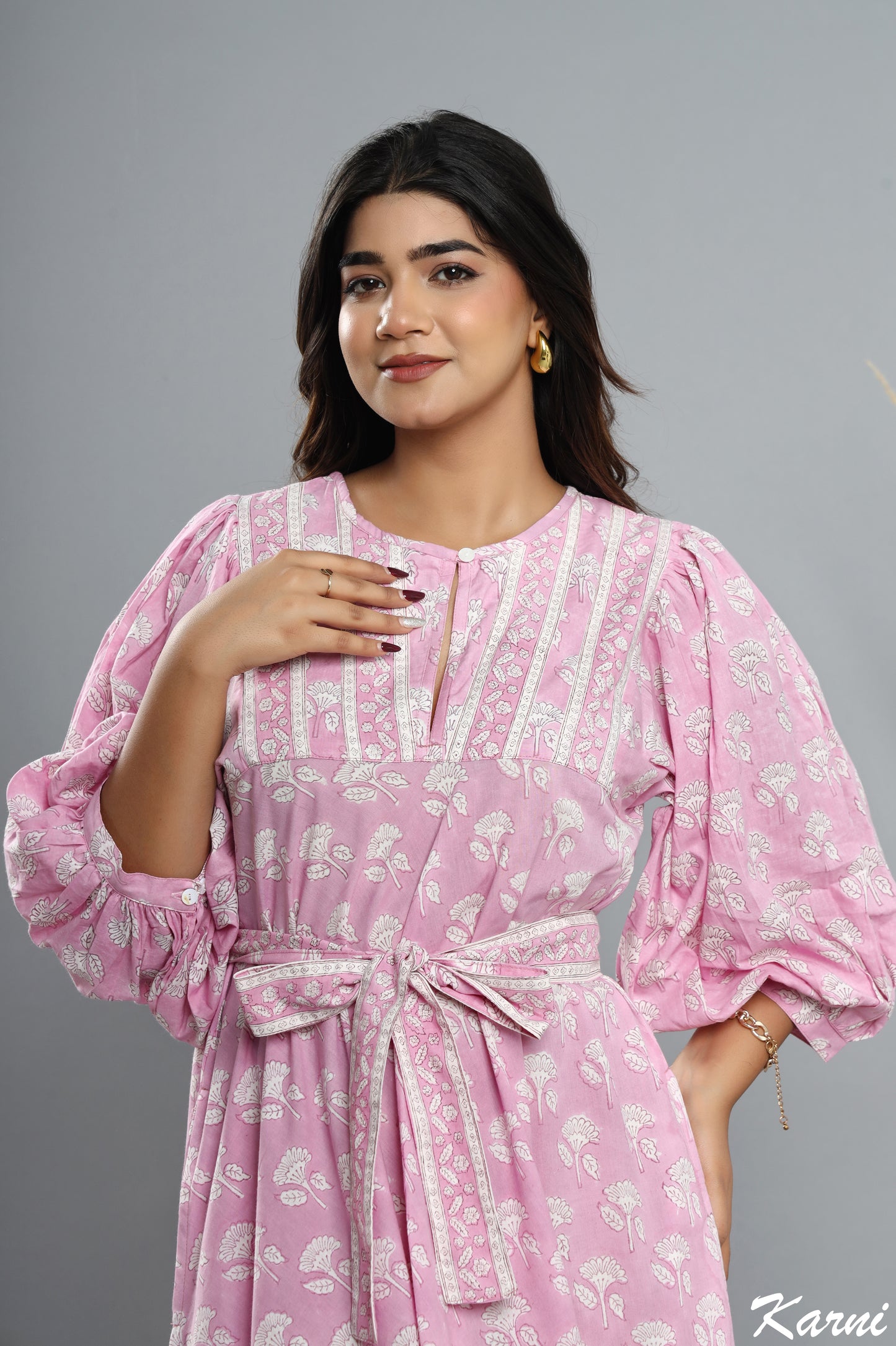 cotton candy hand block floral printed bohemian maxi dress - 3/4th sleeve long dress