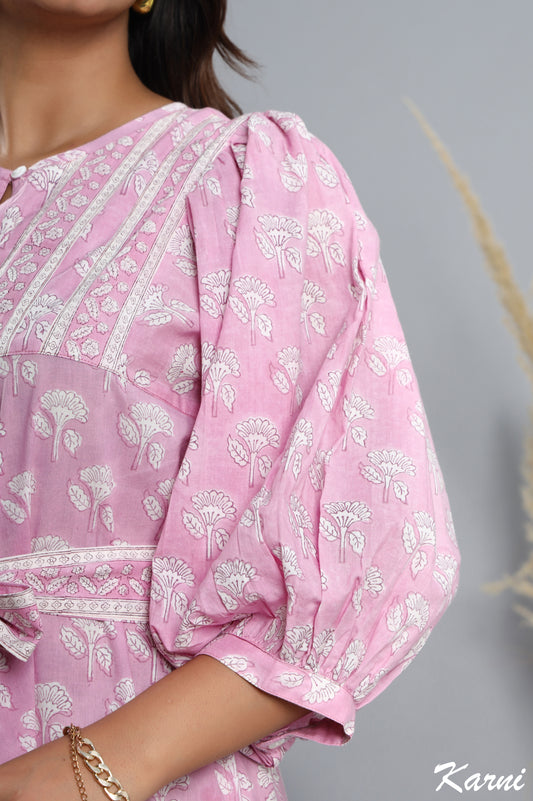 cotton candy hand block floral printed bohemian maxi dress - 3/4th sleeve long dress