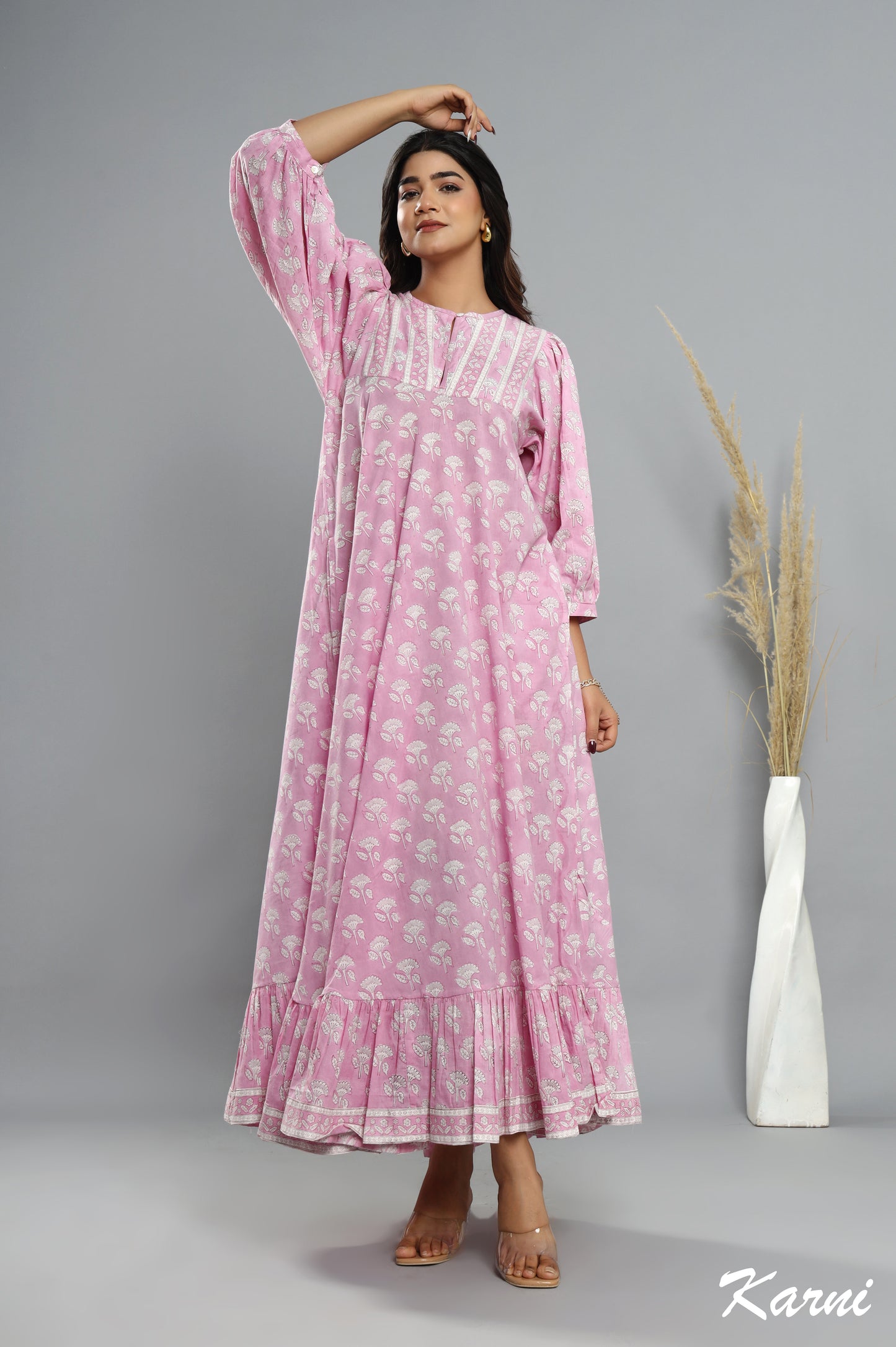 cotton candy hand block floral printed bohemian maxi dress - 3/4th sleeve long dress